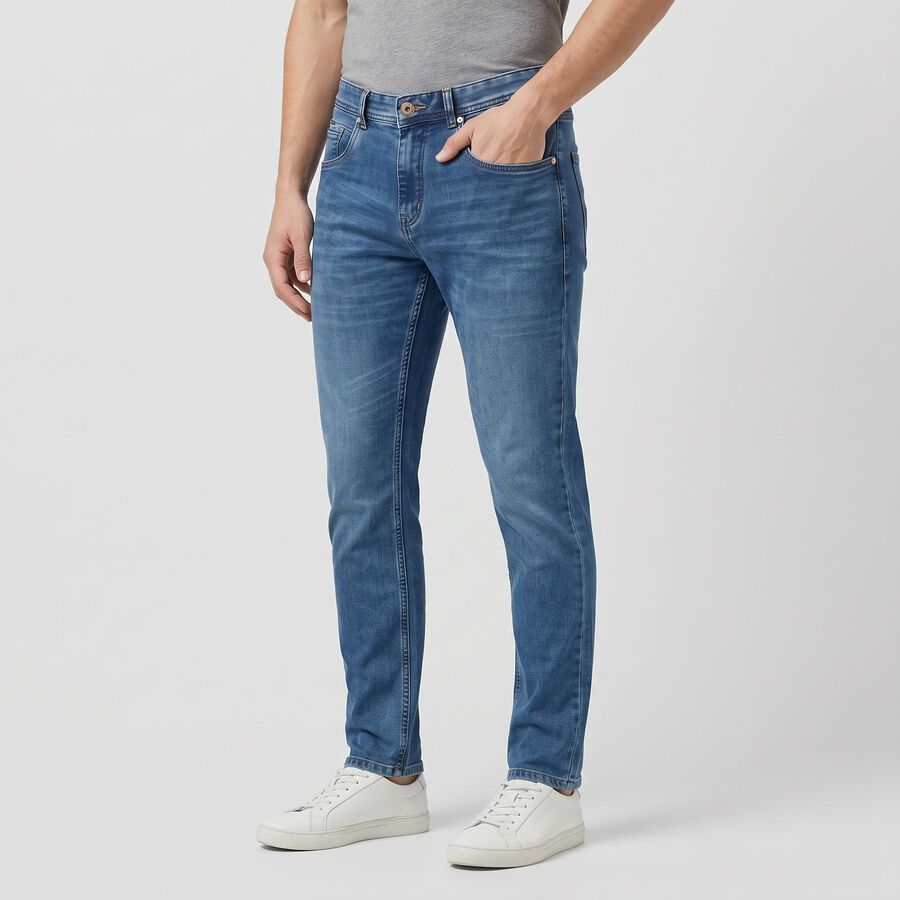 Men's Blue Slim Fit Washed Jeans, Mid Blue, large