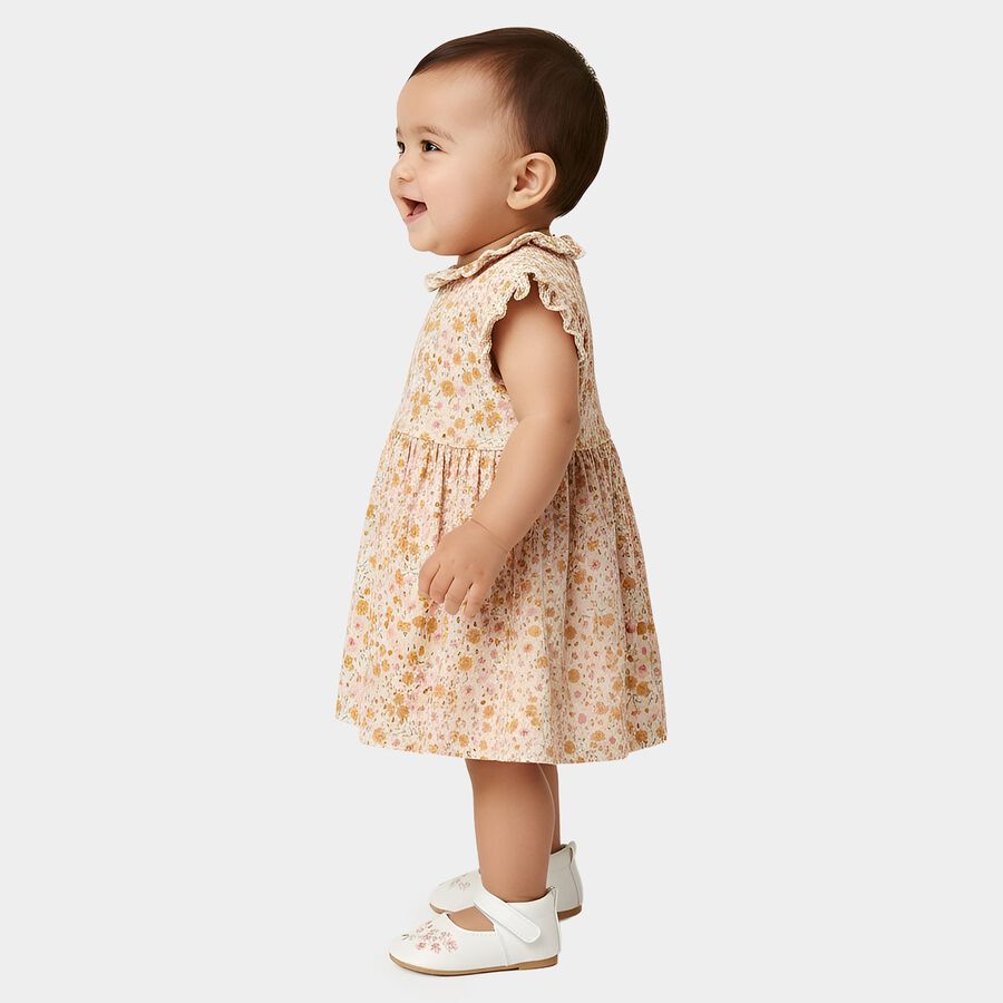Infants' Off White Regular Fit Floral Printed Ruffle Collar Frock, Off White, large