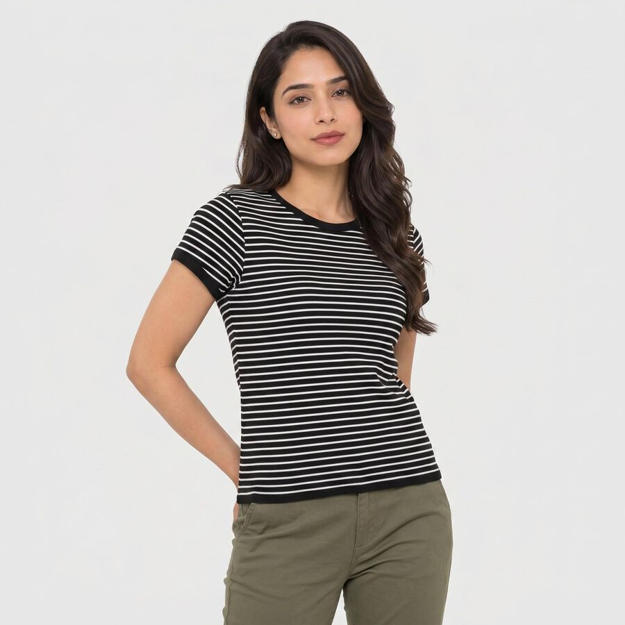 Women Black Round Neck Regular T-Shirt, Black, large