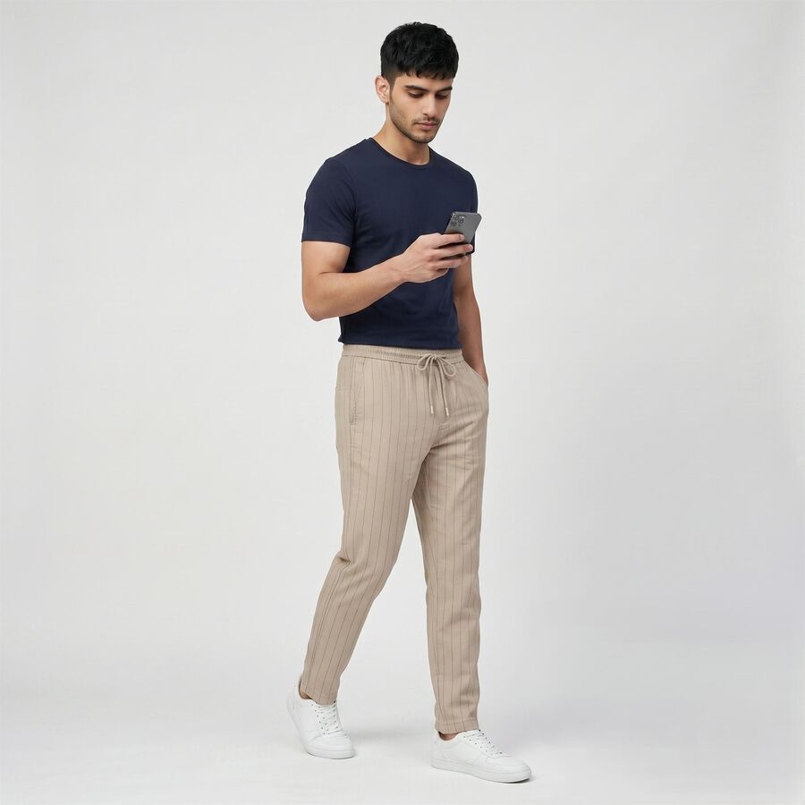 Men's Light Grey Slim Fit Pinstriped Casual Trousers, Light Grey, large