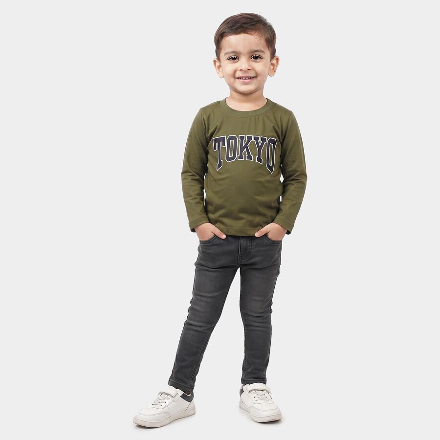 Boys Olive Green Cotton Blend Round Neck Regular T-Shirt, Olive, large