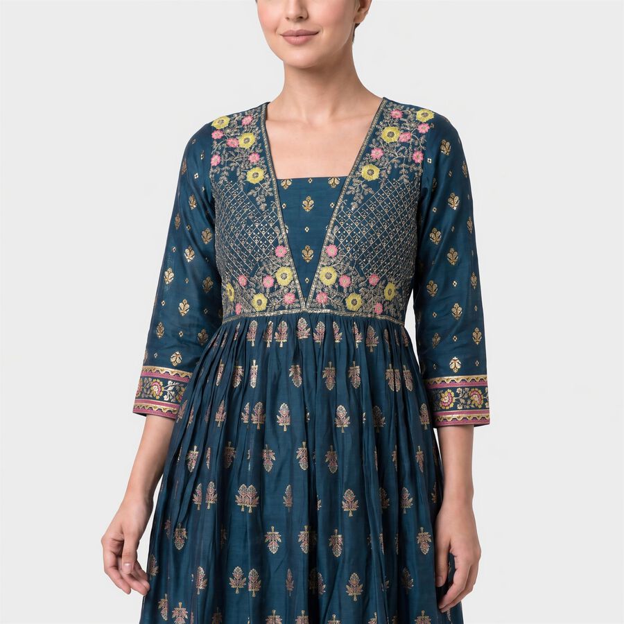 Women's Navy Blue Square Neck Embroidered Kurta, Navy Blue, large