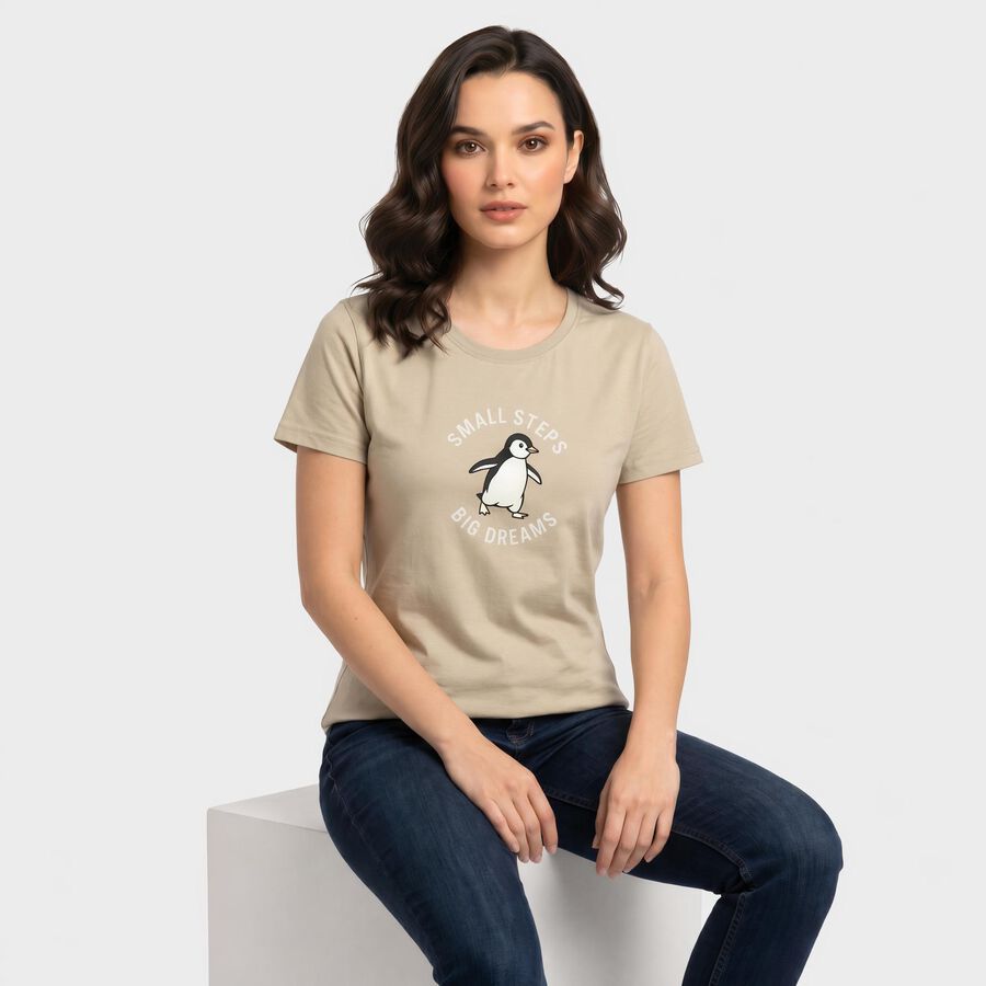 Women's Beige Round Neck Regular T-Shirt, गहरा पीला, large