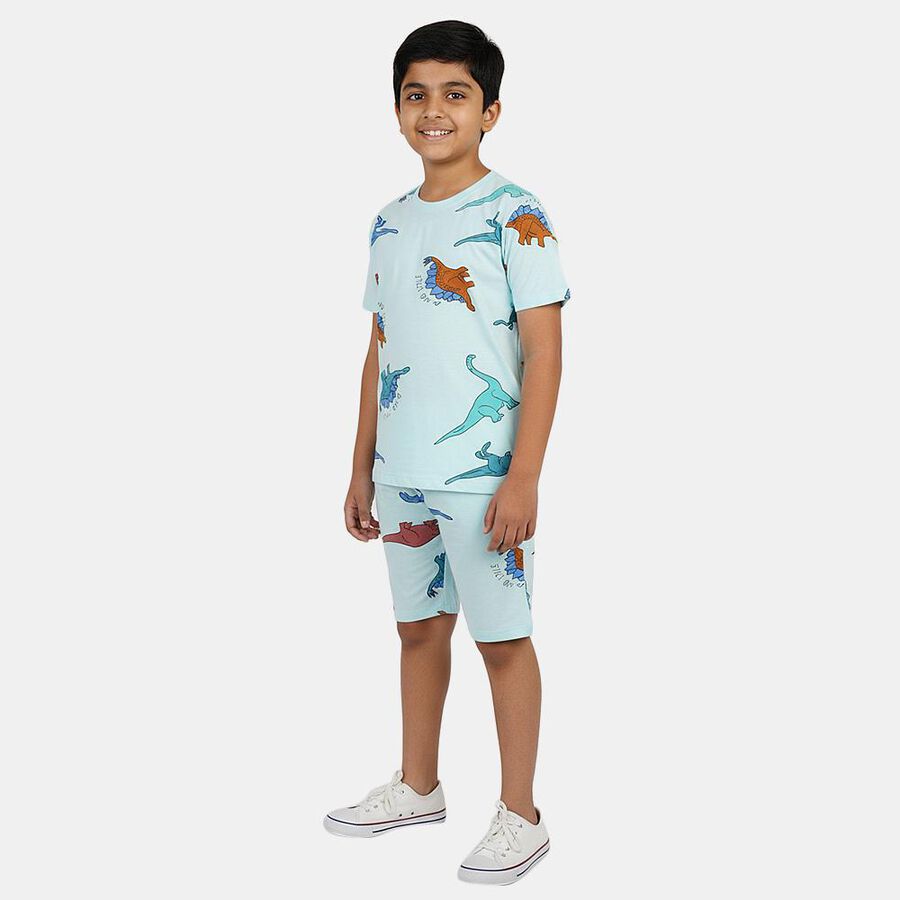 Boys' Mint Green Cotton Notched Collar Animal Printed Night Suit, हल्का हरा, large