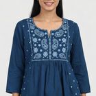 Women's Navy Blue Cotton Notch Neck Embroidered Kurti, Dark Blue, small
