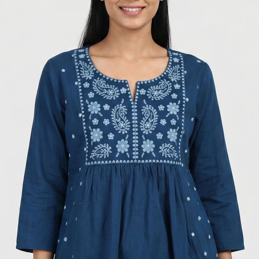 Women's Navy Blue Cotton Notch Neck Embroidered Kurti, Dark Blue, large