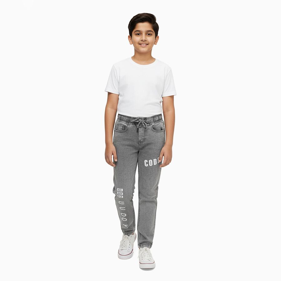 Boys Muted Grey Regular Fit Printed Jogger Jeans, Light Grey, large image number null