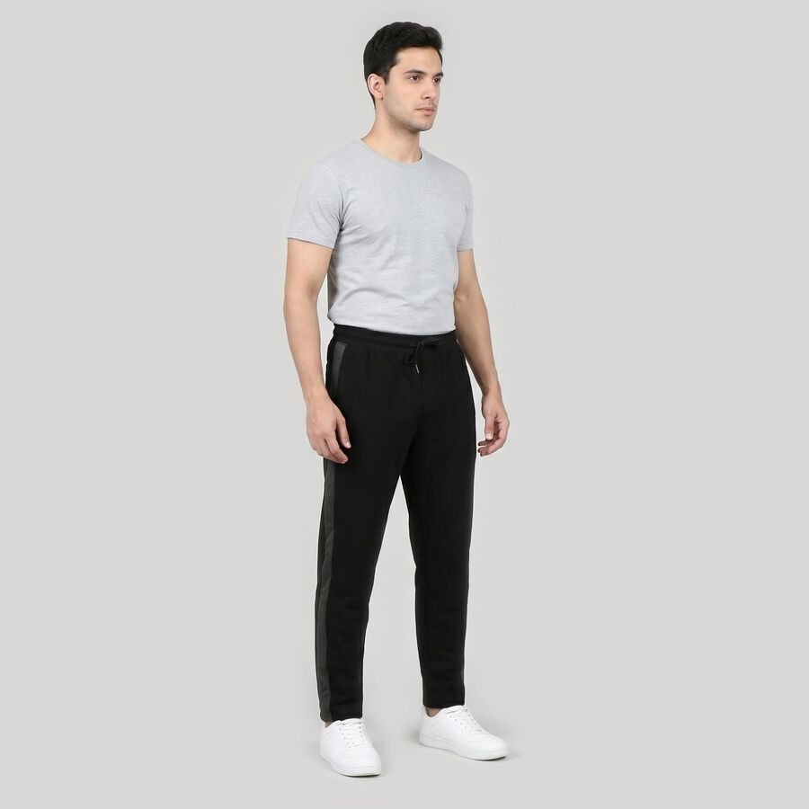 Men's Black Tapered Fit Side-Striped Track Pants, काला, large