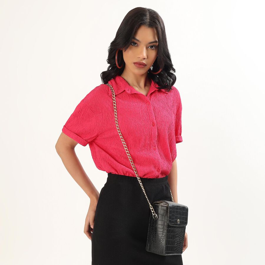 Women's Bright Fuchsia Pink Half Sleeve Classic Casual Shirt, Pink, large