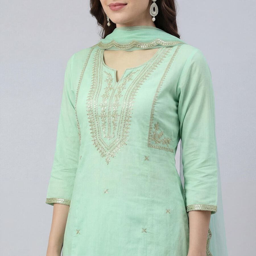Women's Green Notch Neck Self Design Kurta, Light Green, large