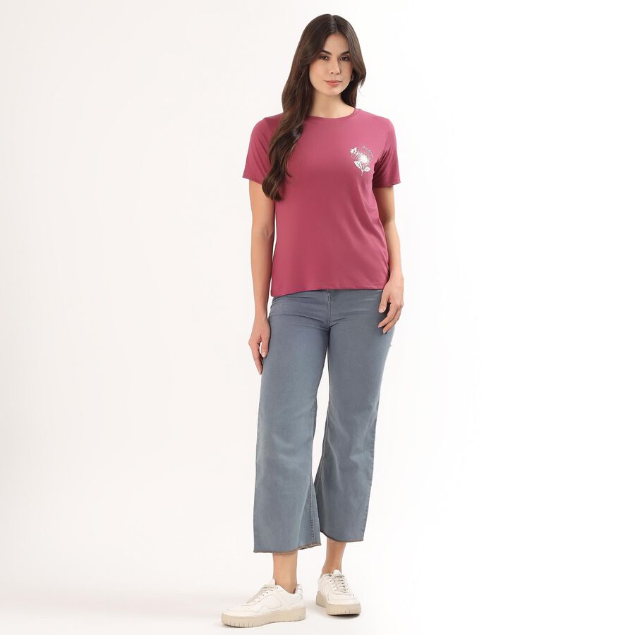 Women's Bright Purple Round Neck Casual T-Shirt, बैंगनी, large