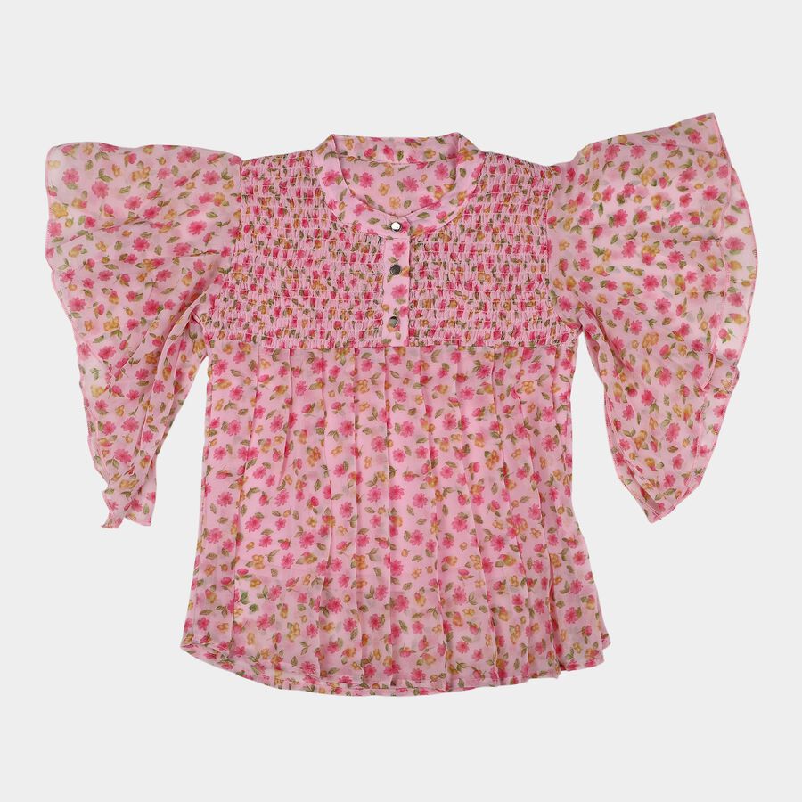 Girls Pink Smocked Neckline Casual T-Shirt, Pink, large