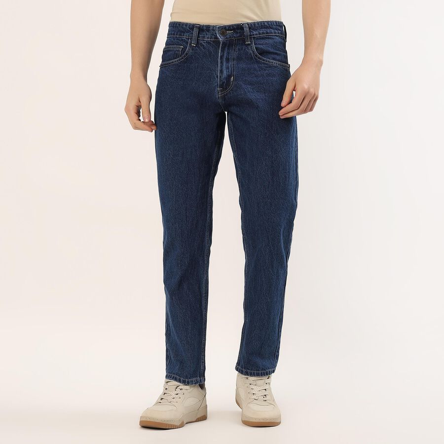 Men's Blue Regular Fit Cotton Jeans, गहरा नीला, large