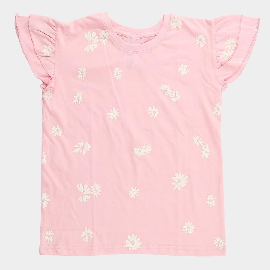 Girls Light Pink Cotton Round Neck Casual T-Shirt, हल्का गुलाबी, large