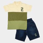 Boys Olive Green Cotton Polo Neck Colorblocked Baba Suit, Olive, small