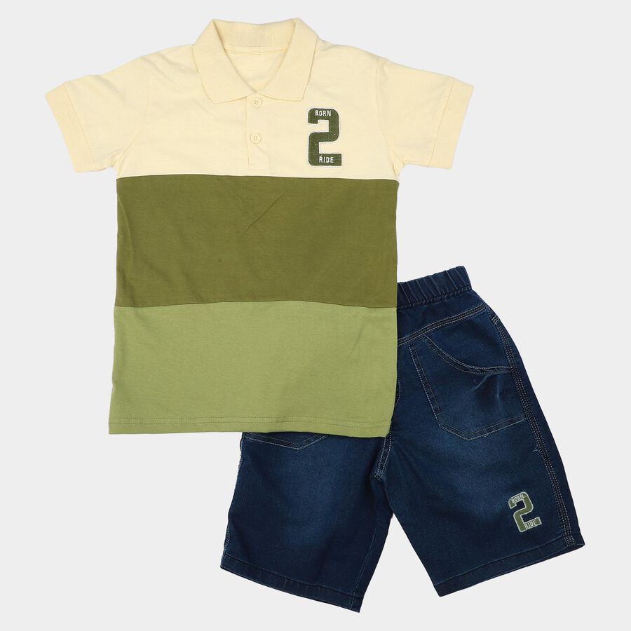 Boys Olive Green Cotton Polo Neck Colorblocked Baba Suit, Olive, large