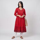 Women's Fuchsia Cotton Notch Neck Embroidered Flared Kurta, रानी (फ्यूशिया), small