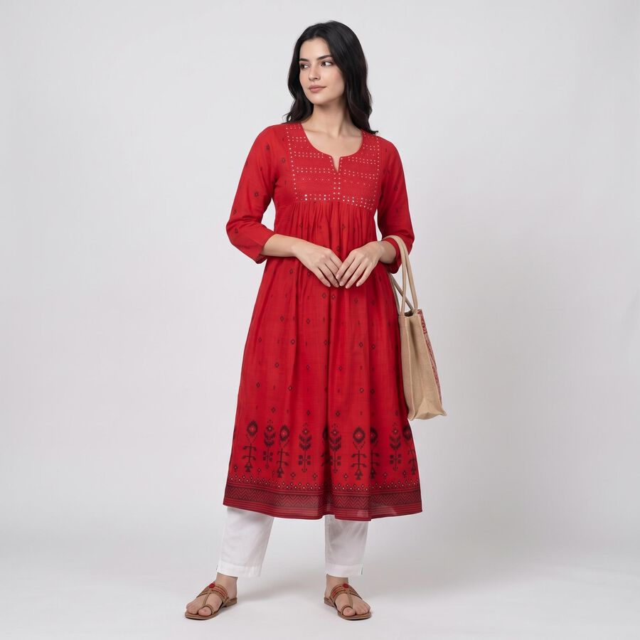 Women's Fuchsia Cotton Notch Neck Embroidered Flared Kurta, रानी (फ्यूशिया), large