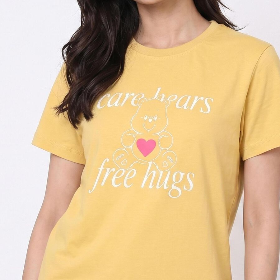 Women's Yellow Round Neck Regular T-Shirt, पीला, large