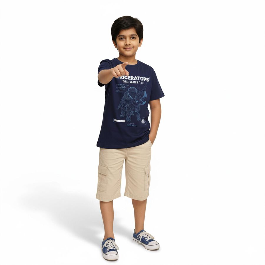 Boys Deep Midnight Navy Blue Cotton Crew Neck Casual T-Shirt, मध्यम नीला, large image number null