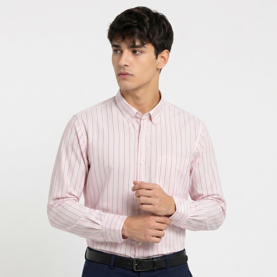 Men's Pink Striped Spread Collar Regular Fit Formal Shirt, Light Pink, large