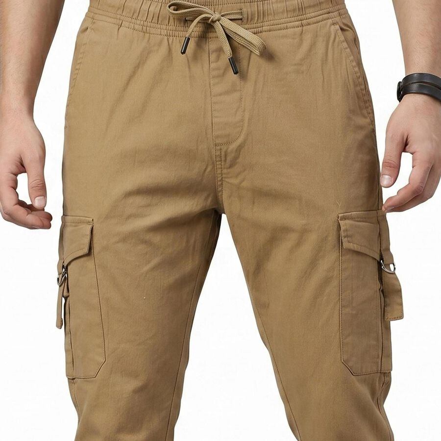 Men's Khaki Slim Fit Cargo Trousers, खाकी, large