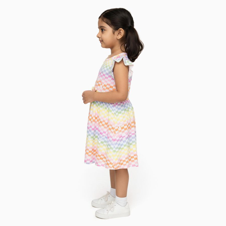 Girls' Multicolor Rainbow Checkered Flutter Sleeve Frock, Off White, large image number null