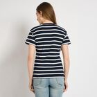 Ladies'  Stripes Round Neck T-Shirt, Navy Blue, small