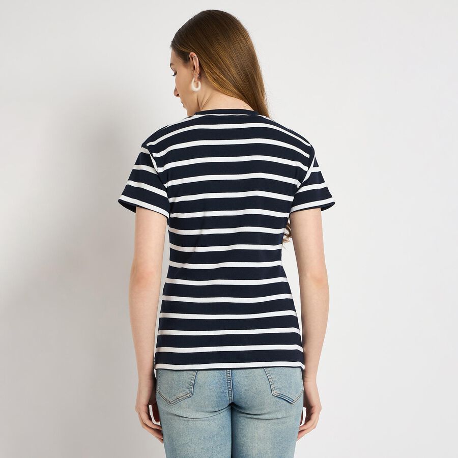 Ladies'  Stripes Round Neck T-Shirt, Navy Blue, large