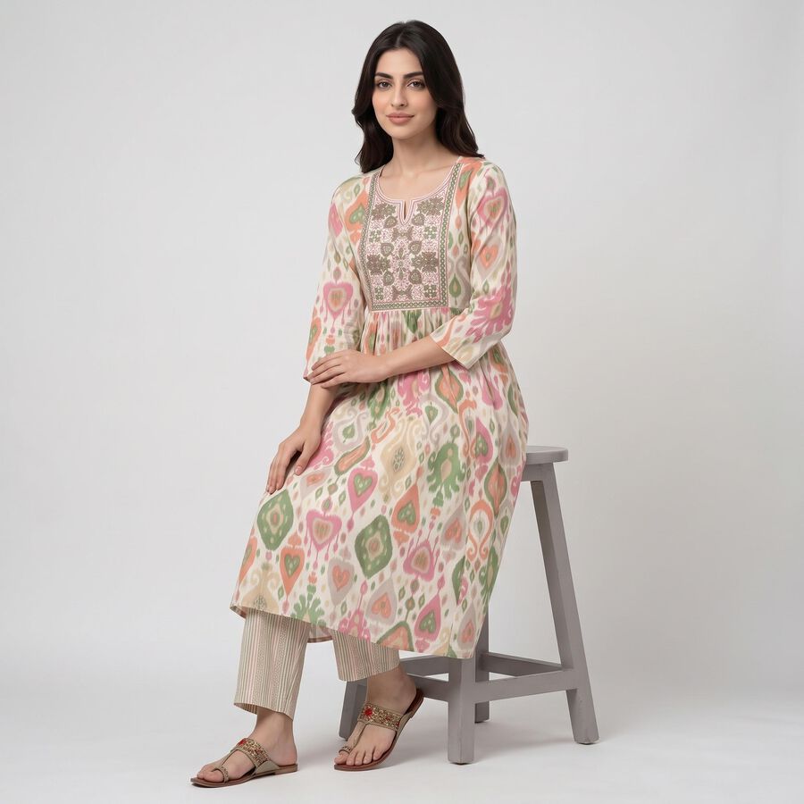 Women's Cream Notch Neck Printed Kurta, Off White, large