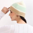 Women's Muted Pastel Green and Beige Color-Blocked Beanie Cap, हल्का हरा, small image number null