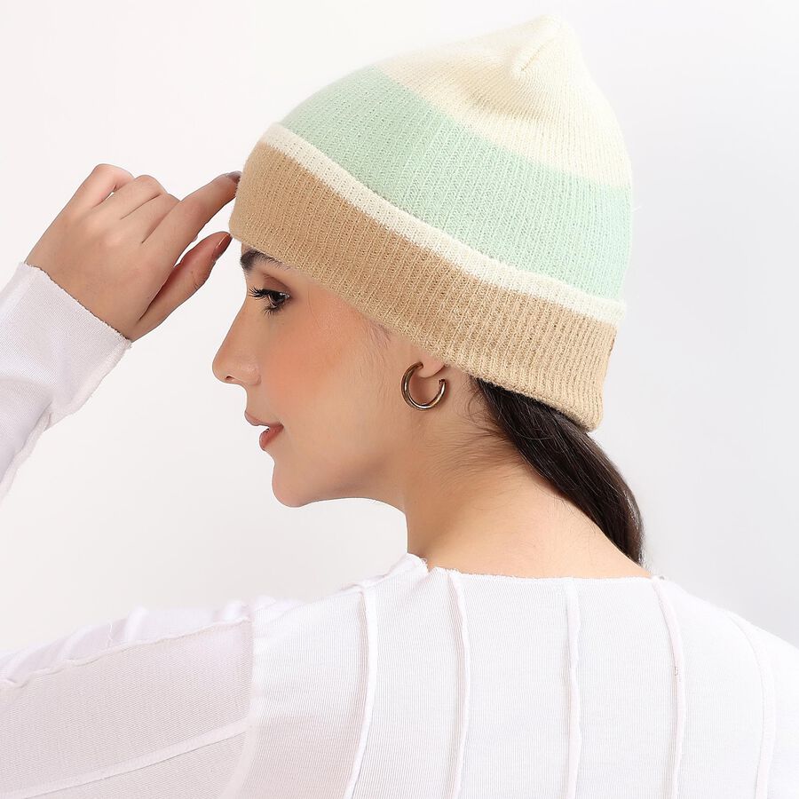 Women's Muted Pastel Green and Beige Color-Blocked Beanie Cap, हल्का हरा, large image number null