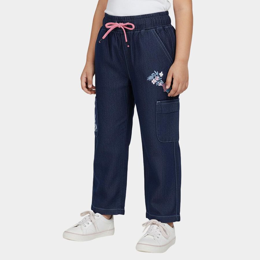 Girls' Deep Navy Cargo Fit Embroidered Jeans, गहरा नीला, large image number null
