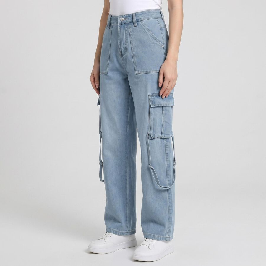 Women's Light Blue Wide Leg Cargo Jeans, Light Blue, large