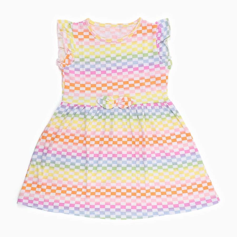 Girls' Multicolor Rainbow Checkered Flutter Sleeve Frock, Off White, large image number null