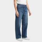 Women's Blue Wide Leg Fit Faded Jeans, गहरा नीला, small