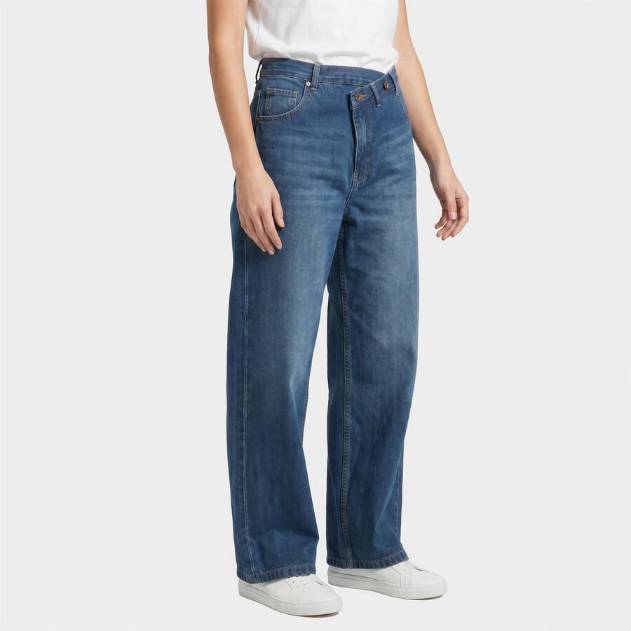 Women's Blue Wide Leg Fit Faded Jeans, गहरा नीला, large