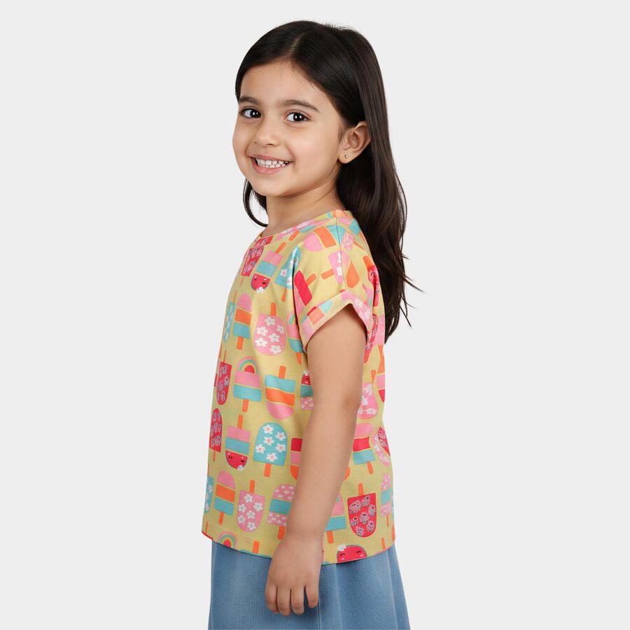 Girls Yellow Cotton Casual T-Shirt, Yellow, large