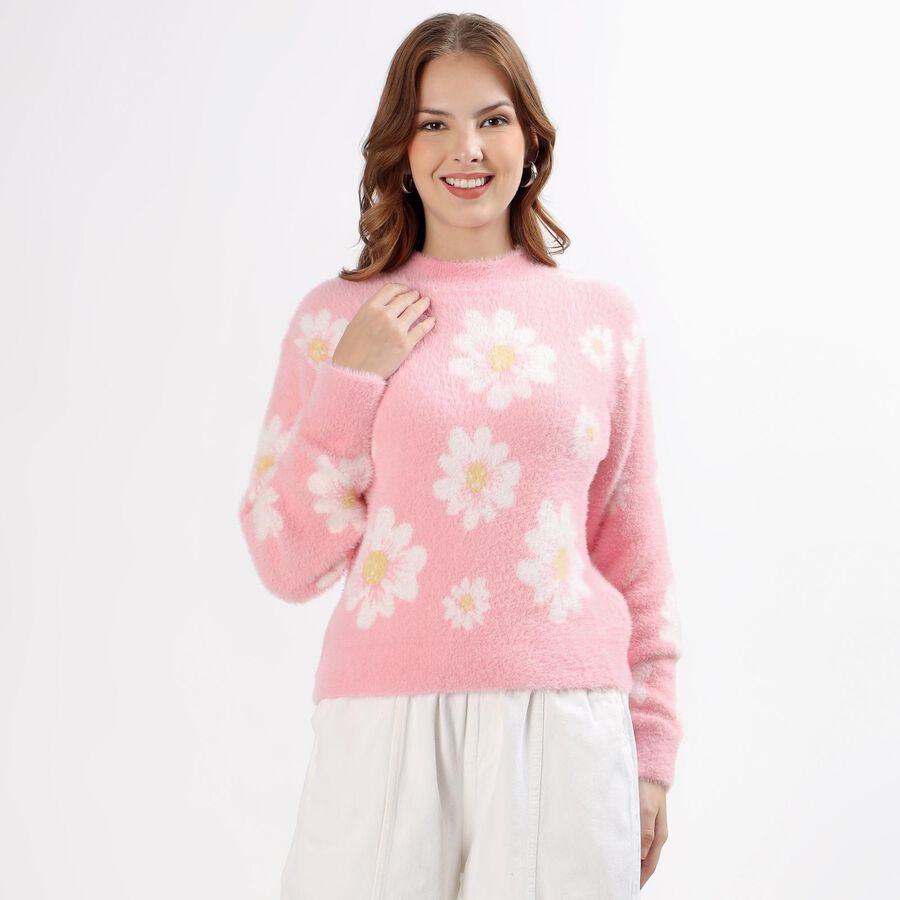 Women's Light Pink Crew Neck Floral Pullover, हल्का गुलाबी, large image number null