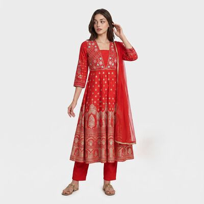 Women's Red Floral Printed Ethnic Set