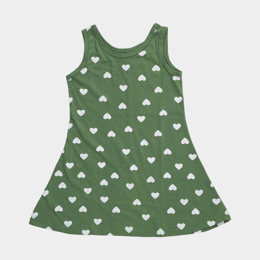 Girls' Olive Green Regular Fit Heart Printed Sleeveless Frock, हल्का हरा, large