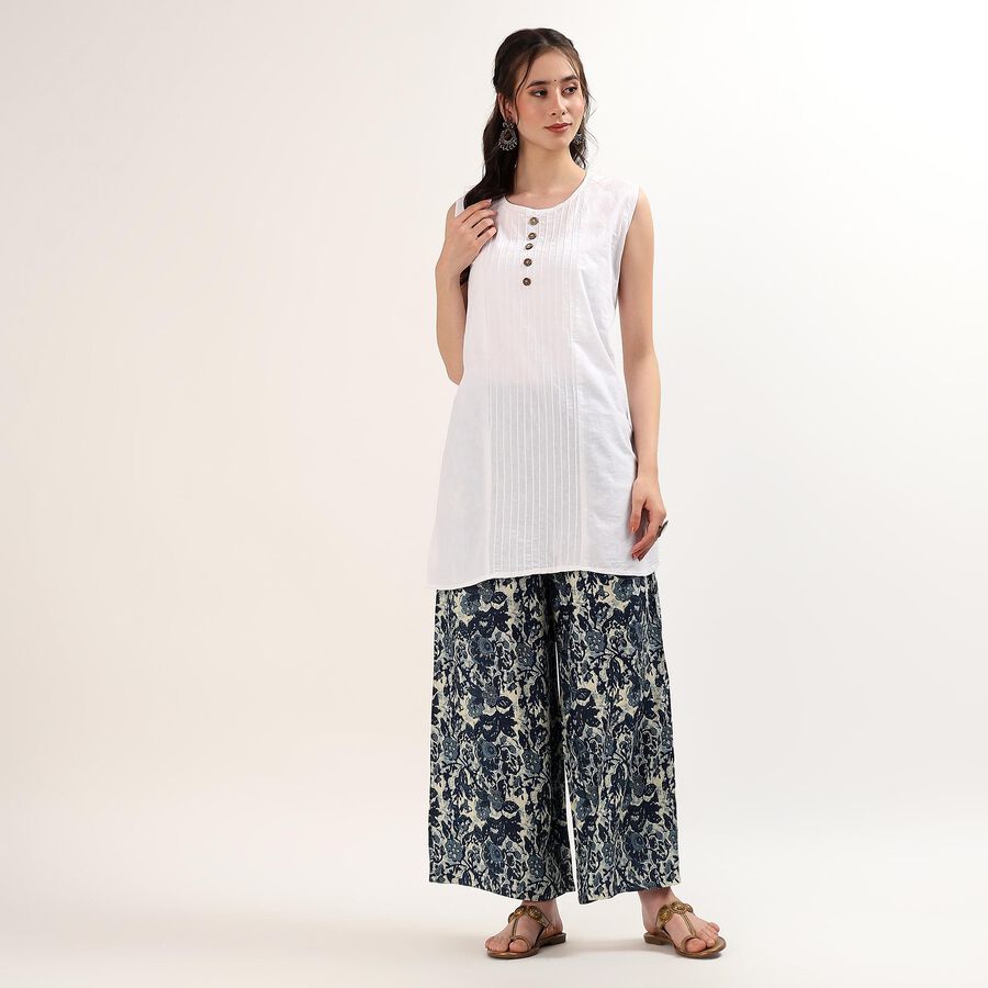 Women's Navy Blue Relaxed Fit Printed Palazzos, ऑफ व्हाइट, large