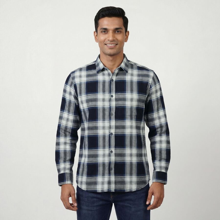 Men's Navy Blue Cotton Spread Collar Casual Shirt, नेवी ब्लू, large