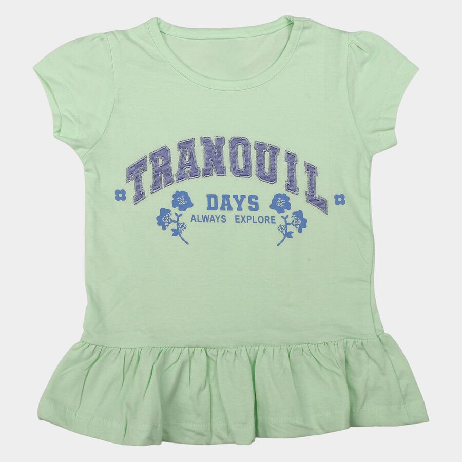 Girls' Mint Green Cotton Round Neck Regular T-Shirt, Light Green, large