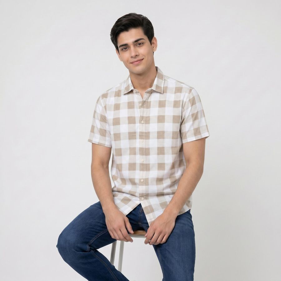 Men's Beige Cotton Short Sleeves Spread Collar Regular Fit Casual Shirt, Beige, large