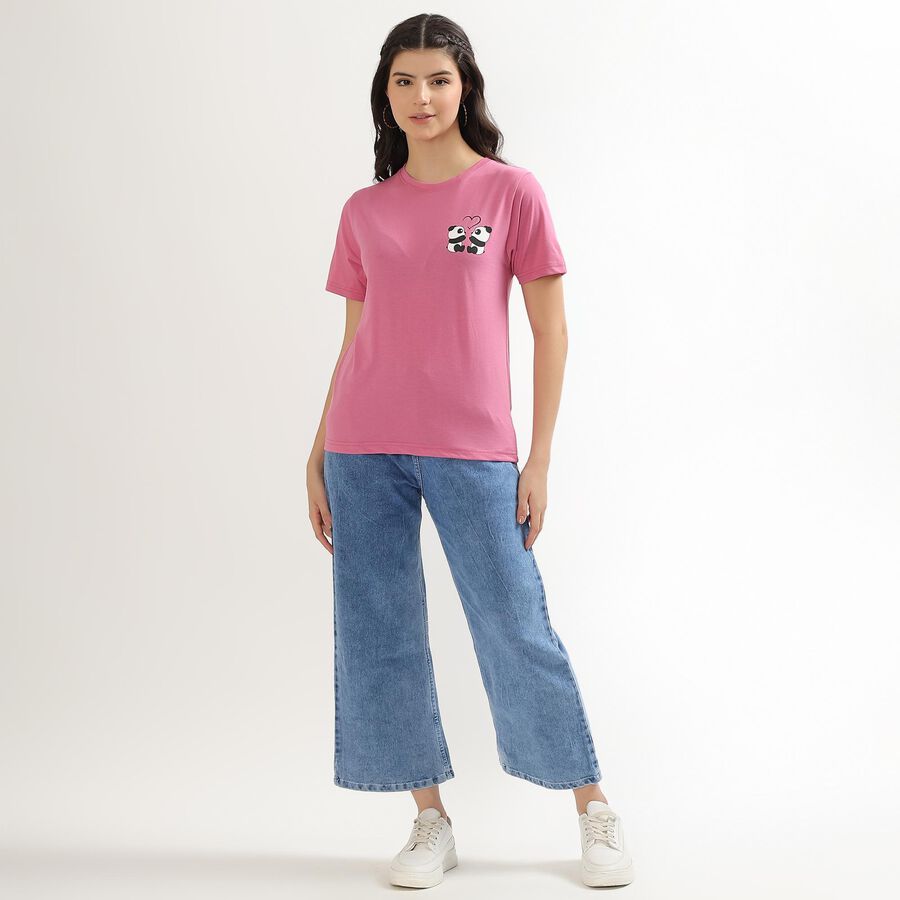 Women's Pink Round Neck Graphic Print T-Shirt, Pink, large image number null