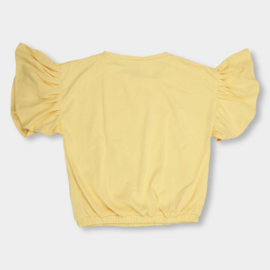 Girls' Bright Yellow Crew Neck Ruffled T-Shirt, Yellow, large image number null