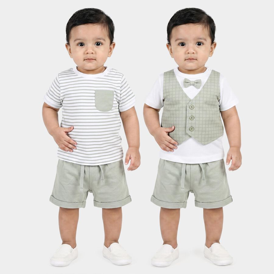 Infants' Mint Green Cotton Round Neck Striped Baba Suit, Light Green, large