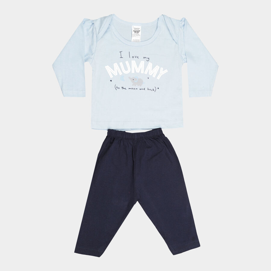 Infants Cotton Printed Full Sleeve Night Suit, Light Blue, large image number null
