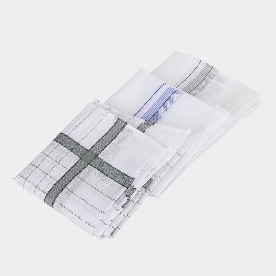 Men's White Striped and Checked Pack of 3 Handkerchief, हल्का ग्रे, large